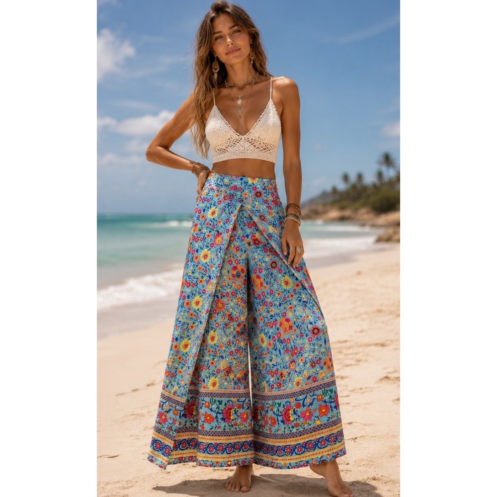 Wide Leg Split Pants Womens L/XL Blue Floral Boho High‎ Rise Palazzo Hippie Chic